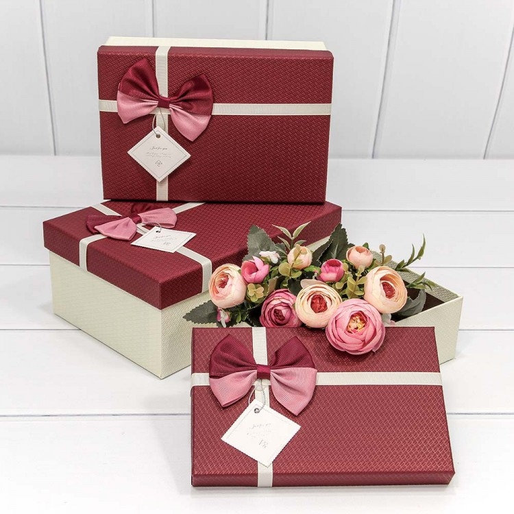 Набор подарочных коробок 3 в 1 С двойным бантиком, Бордовый