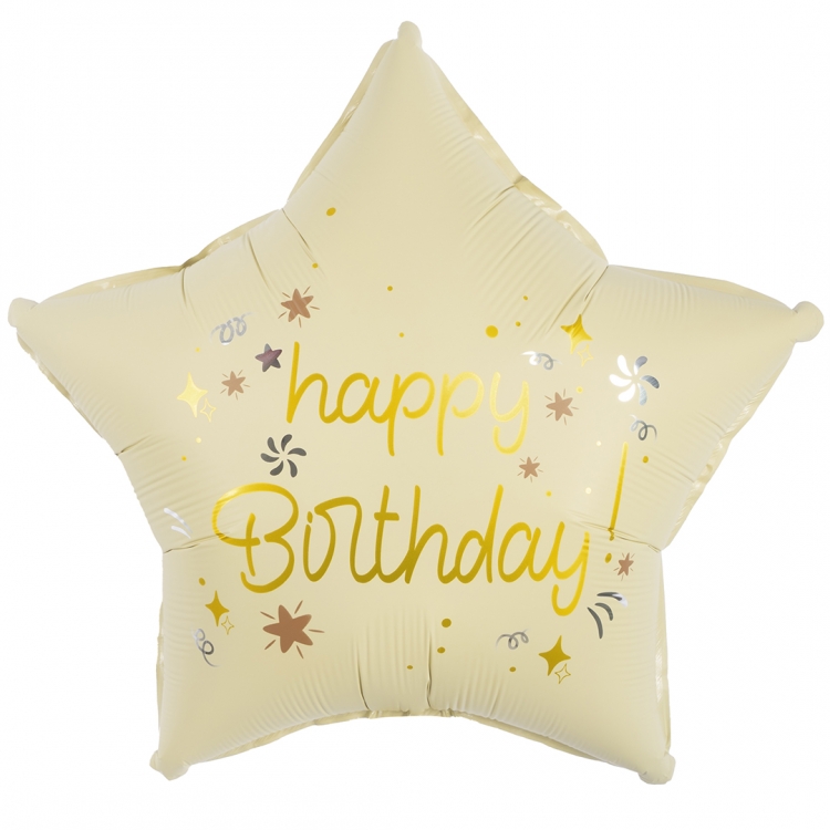 Шар Звезда, Happy Birthday (праздничные искры), Кремовый, Сатин (в упаковке) 