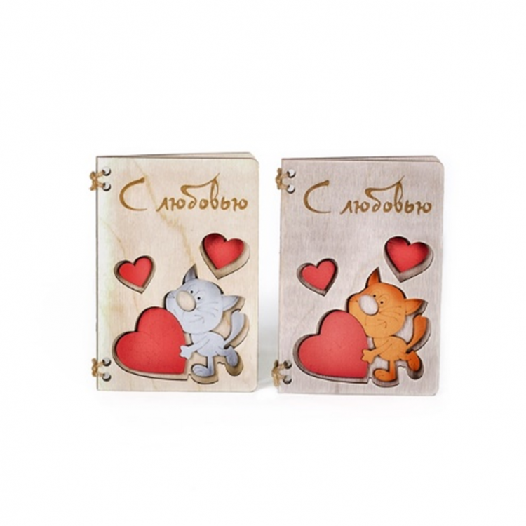 Открытка деревянная "С любовью" Кот и сердце